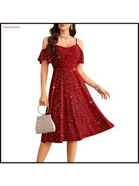 Sequin Off Shoulder Midi Cocktail Prom Dress A-Line Formal